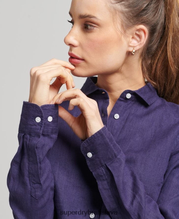 Superdry ženy štúdiová ľanová košeľa s dlhým rukávom 6B4ZTR6513 oblečenie námorníctvo