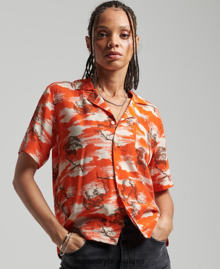 Superdry ženy vintage revere košeľa 6B4ZTR3012 oblečenie červená