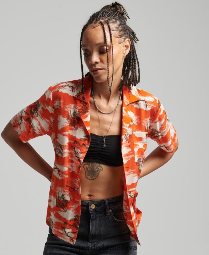 Superdry ženy vintage revere košeľa 6B4ZTR3012 oblečenie červená