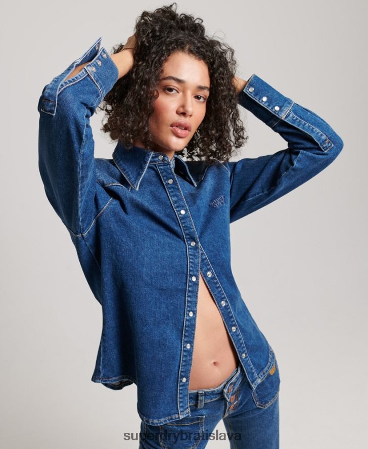 Superdry ženy westernová košeľa z organickej bavlny 6B4ZTR2892 oblečenie tmavomodrá
