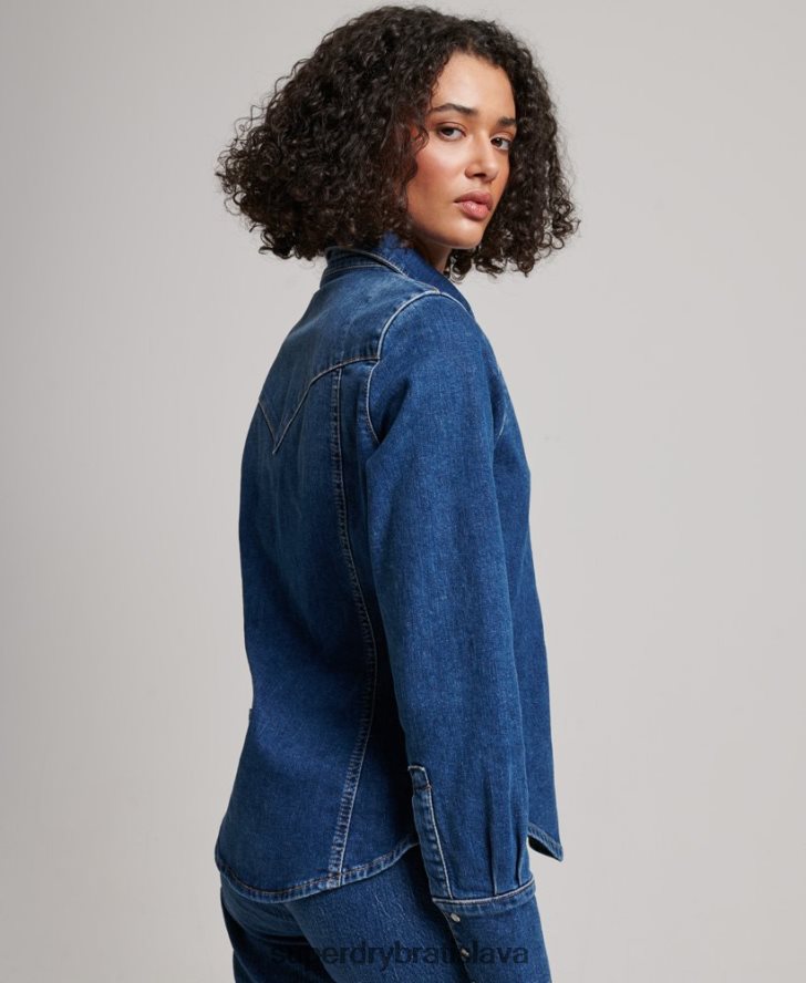 Superdry ženy westernová košeľa z organickej bavlny 6B4ZTR2892 oblečenie tmavomodrá