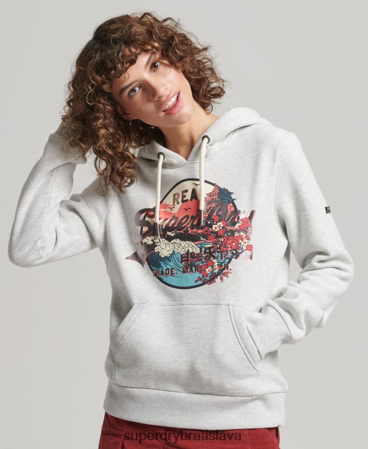Superdry ženy japonská mikina s grafickým vintage logom 6B4ZTR3389 oblečenie svetlo šedá