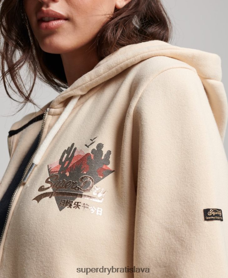 Superdry ženy mikina na zips s vintage logom 6B4ZTR2179 oblečenie krém