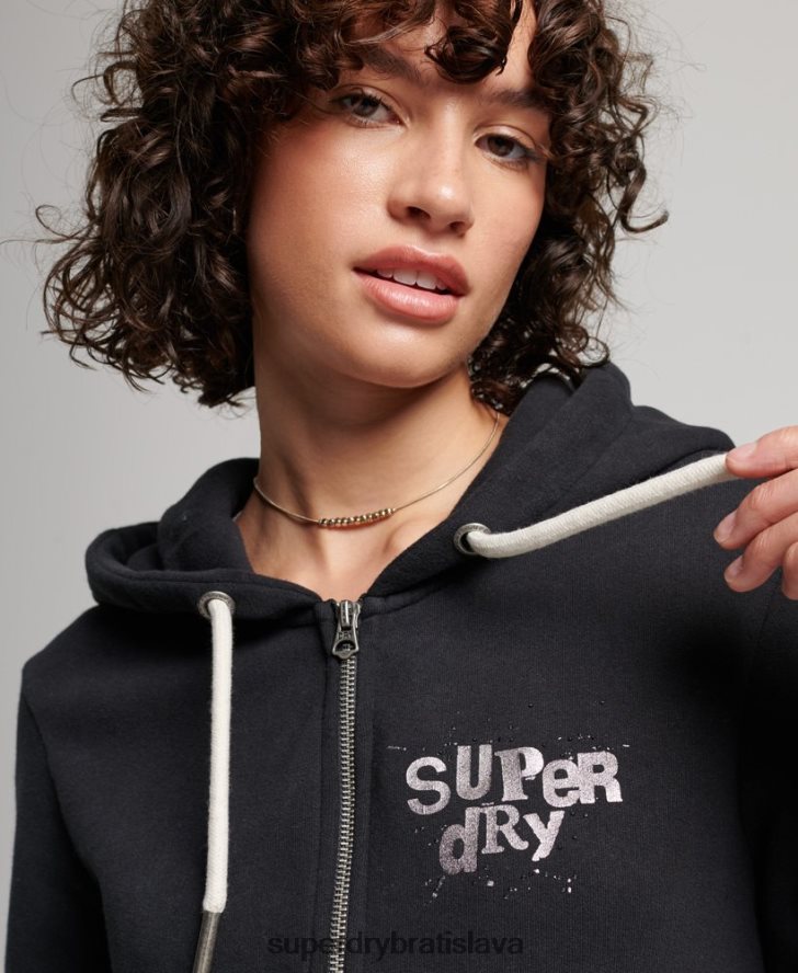 Superdry ženy mikina na zips s vintage merch store 6B4ZTR3351 oblečenie čierna