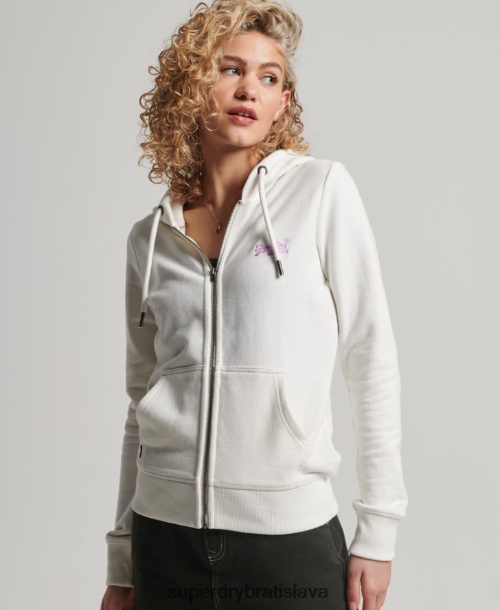 Superdry ženy mikina na zips s vyšívaným vintage logom 6B4ZTR2244 oblečenie biely