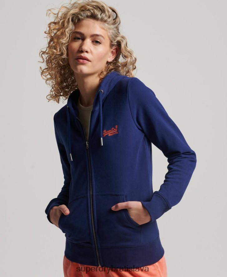 Superdry ženy mikina na zips s vyšívaným vintage logom 6B4ZTR2261 oblečenie Modrá