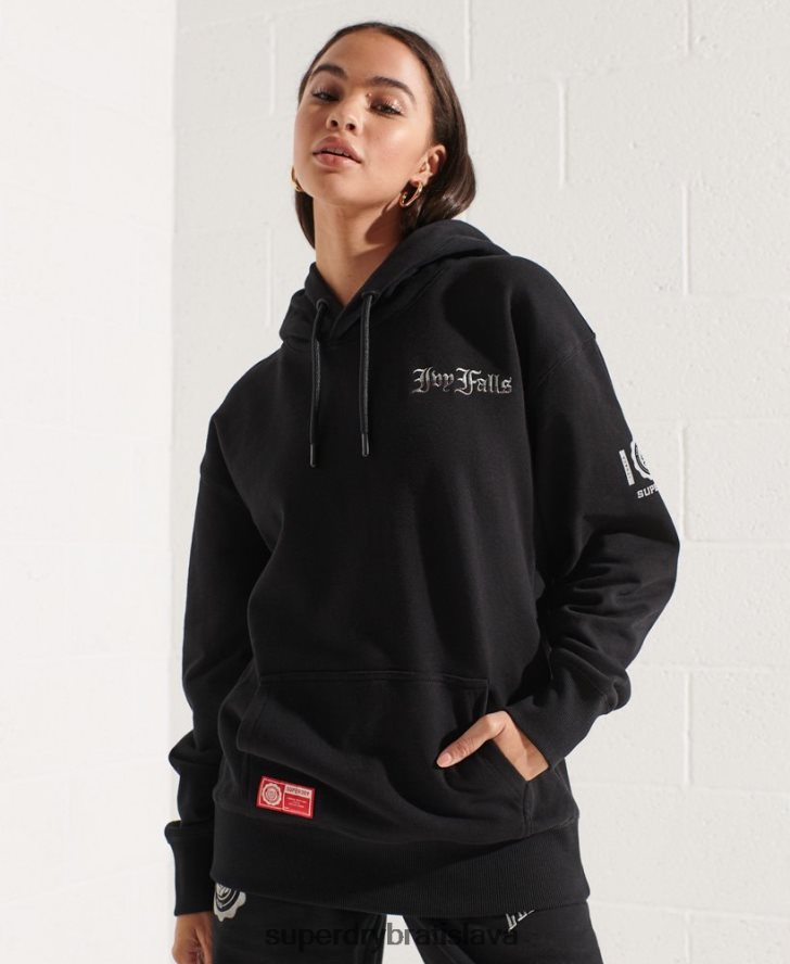 Superdry ženy mikina s kapucňou na univerzitnú grafiku 6B4ZTR6173 oblečenie čierna