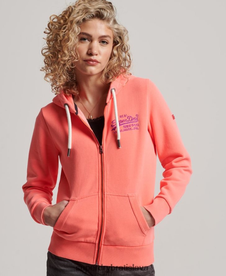 Superdry ženy neónová mikina na zips s vintage logom 6B4ZTR2065 oblečenie koralový
