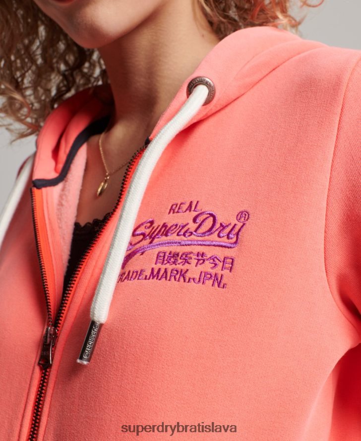 Superdry ženy neónová mikina na zips s vintage logom 6B4ZTR2065 oblečenie koralový