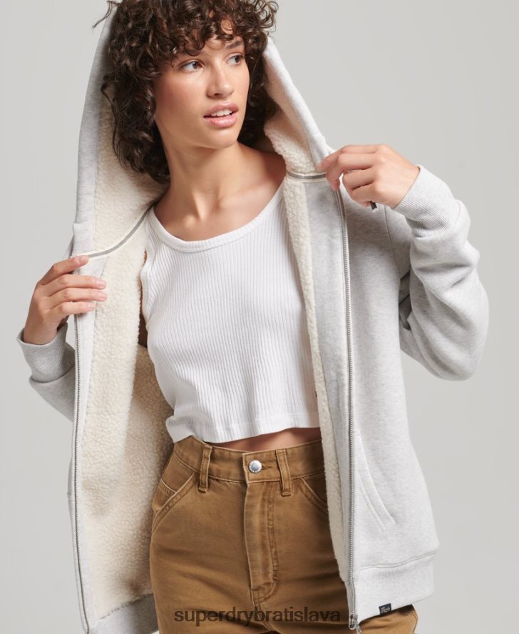 Superdry ženy nevyhnutná mikina na zips s podšívkou Borg 6B4ZTR5752 oblečenie svetlo šedá