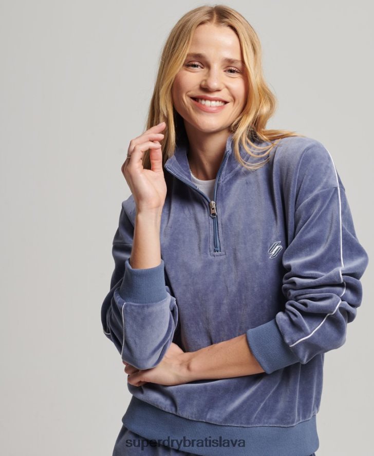 Superdry ženy velúrová henley mikina 6B4ZTR3363 oblečenie Modrá