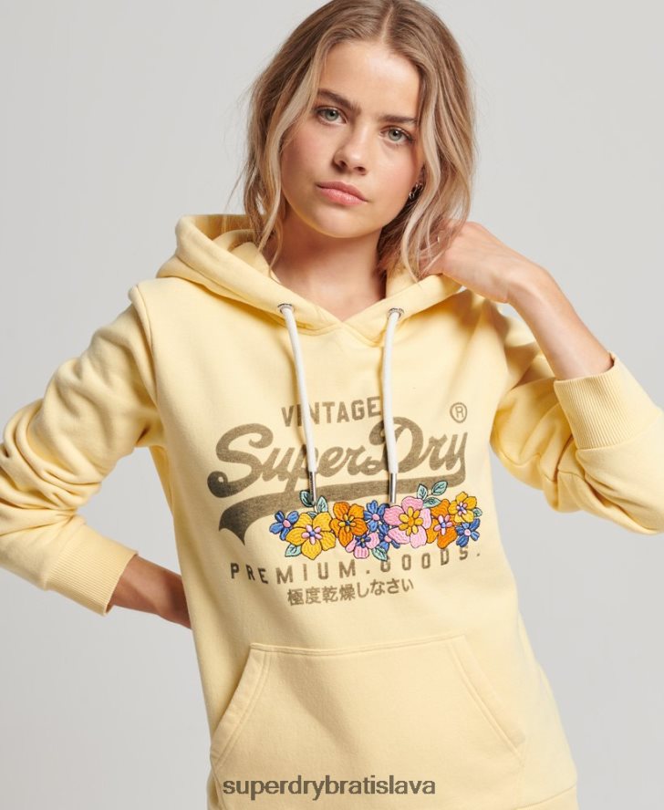 Superdry ženy vintage logo prémiový tovar kvetinová mikina s kapucňou 6B4ZTR3271 oblečenie žltá