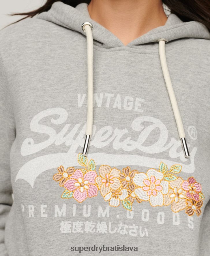 Superdry ženy vintage logo prémiový tovar kvetinová mikina s kapucňou 6B4ZTR3370 oblečenie svetlo šedá