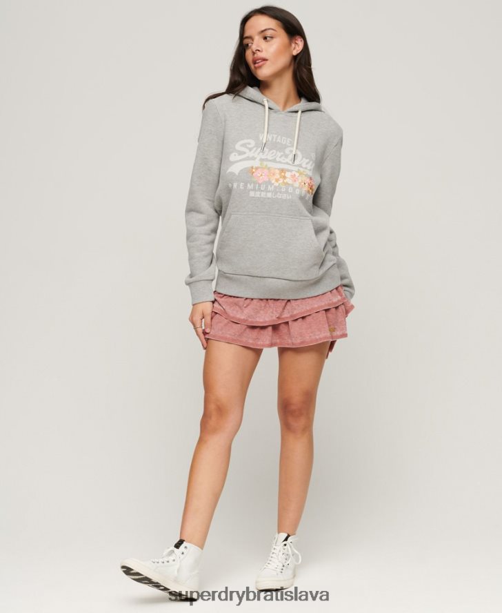 Superdry ženy vintage logo prémiový tovar kvetinová mikina s kapucňou 6B4ZTR3370 oblečenie svetlo šedá