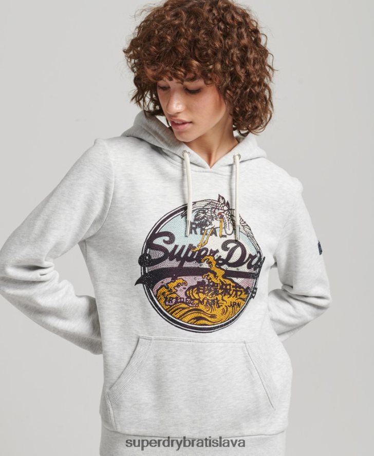 Superdry ženy vintage logo výpravná kamienková mikina s kapucňou 6B4ZTR5863 oblečenie svetlo šedá