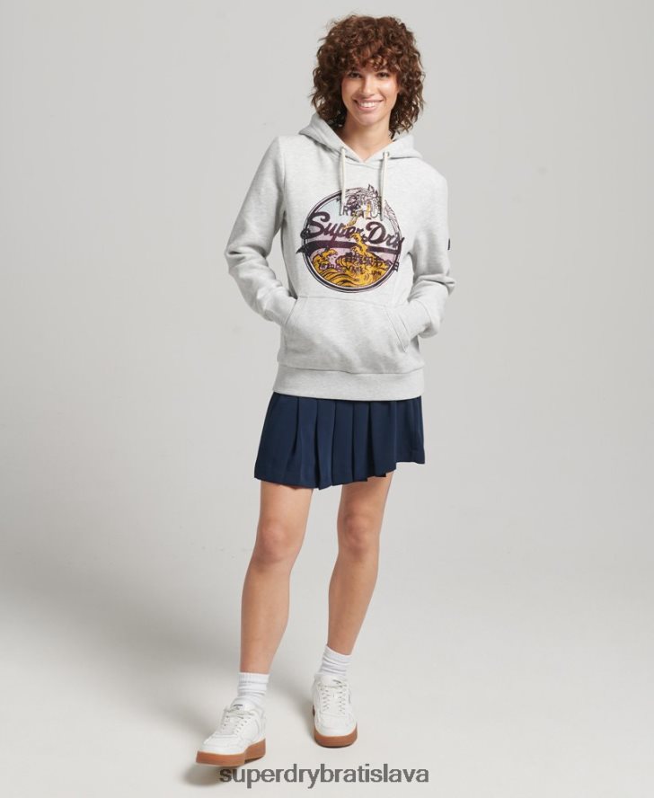Superdry ženy vintage logo výpravná kamienková mikina s kapucňou 6B4ZTR5863 oblečenie svetlo šedá