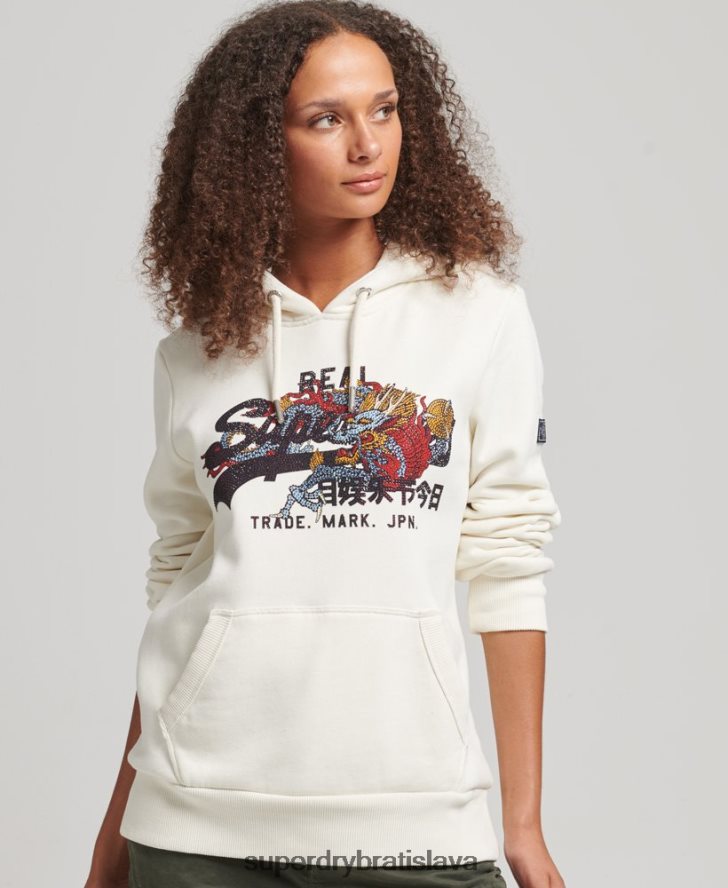 Superdry ženy vintage logo výpravná kamienková mikina s kapucňou 6B4ZTR6083 oblečenie krém