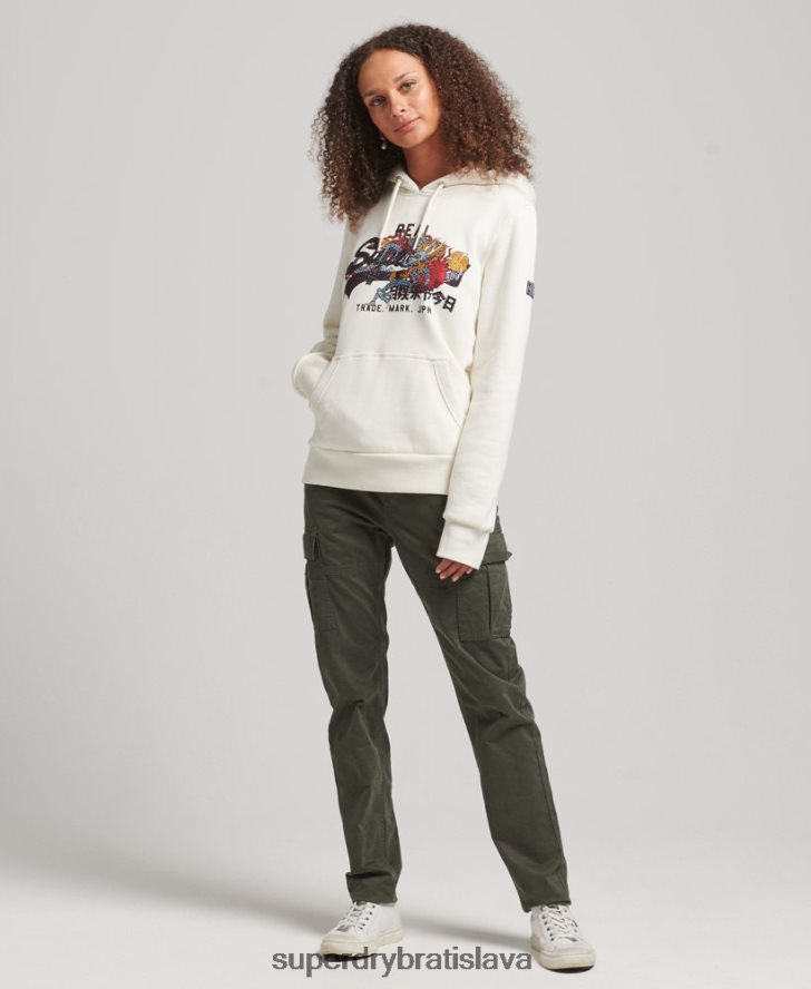 Superdry ženy vintage logo výpravná kamienková mikina s kapucňou 6B4ZTR6083 oblečenie krém