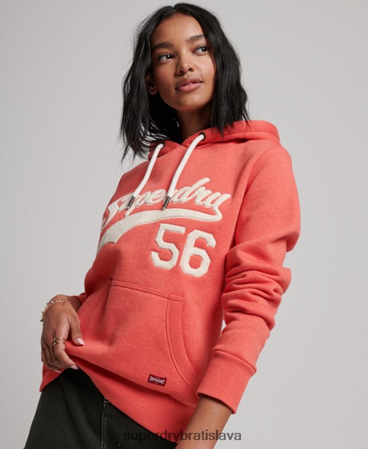 Superdry ženy vintage skriptovaná vysokoškolská mikina s kapucňou 6B4ZTR2313 oblečenie koralový