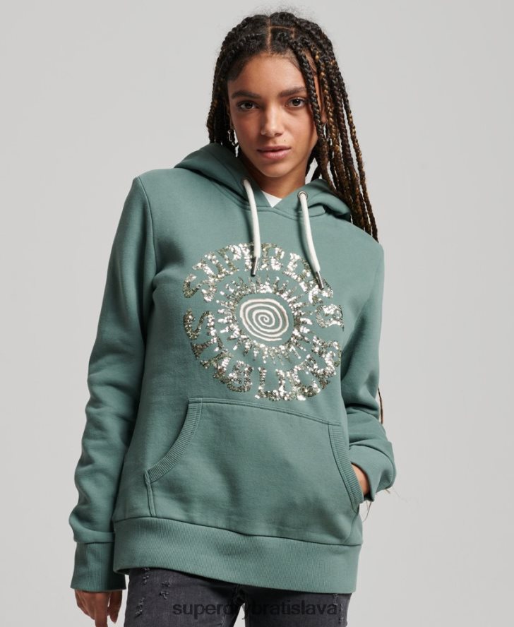 Superdry ženy zdobená mikina s kapucňou 6B4ZTR2298 oblečenie zelená