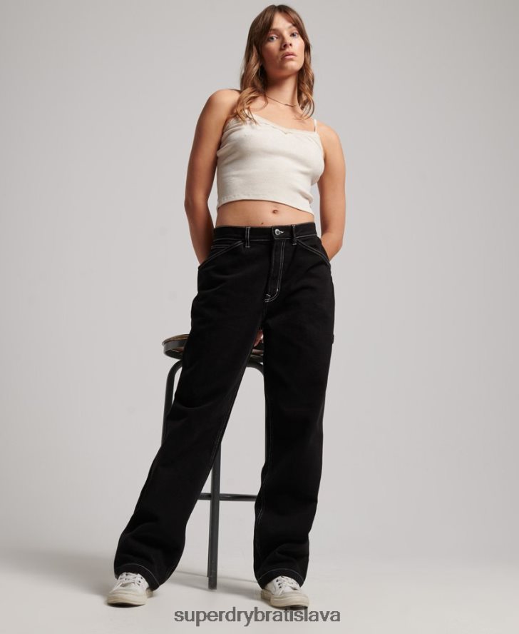 Superdry ženy kontrastné tesárske nohavice 6B4ZTR2564 oblečenie čierna
