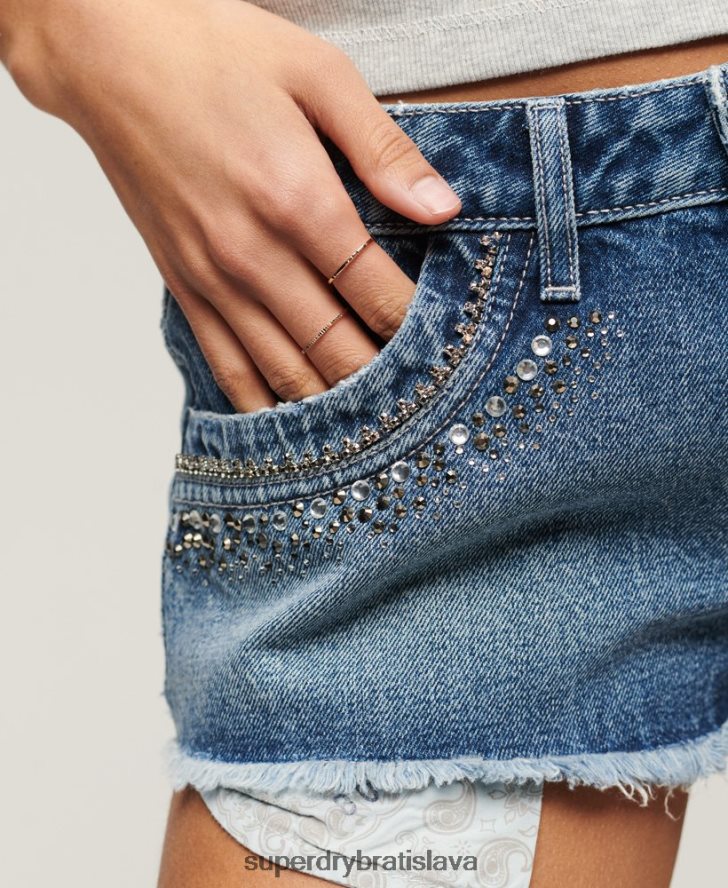 Superdry ženy riflové šortky zdobené diamantmi 6B4ZTR2090 oblečenie Modrá