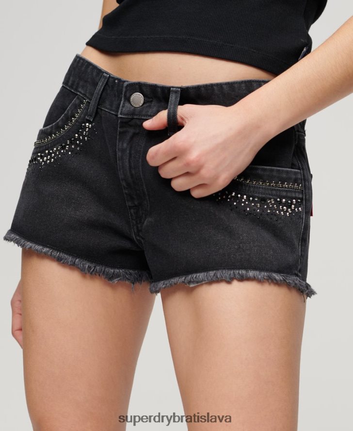 Superdry ženy riflové šortky zdobené diamantmi 6B4ZTR3112 oblečenie čierna