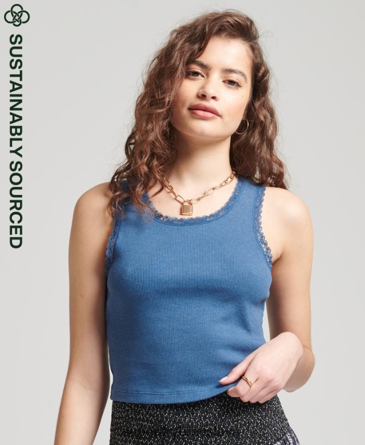 Superdry ženy Vintage čipkovaná vesta z organickej bavlny 6B4ZTR2353 oblečenie Modrá