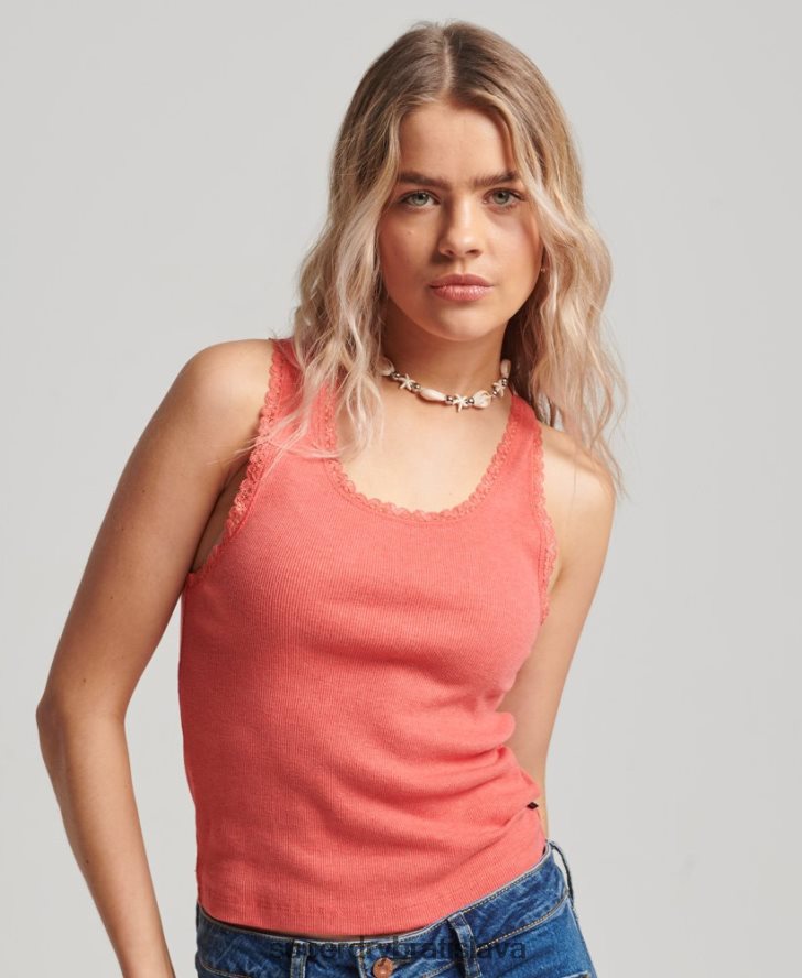 Superdry ženy tielko s čipkovaným lemom 6B4ZTR2338 oblečenie koralový