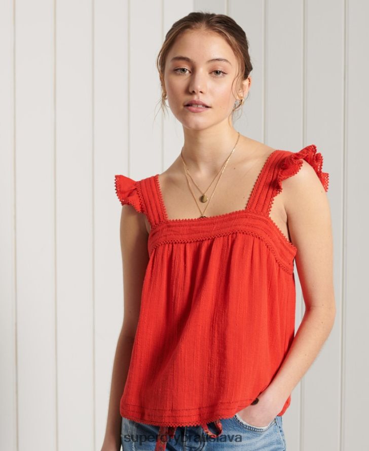 Superdry ženy Layne textúrovaný čipkovaný top 6B4ZTR3056 oblečenie červená
