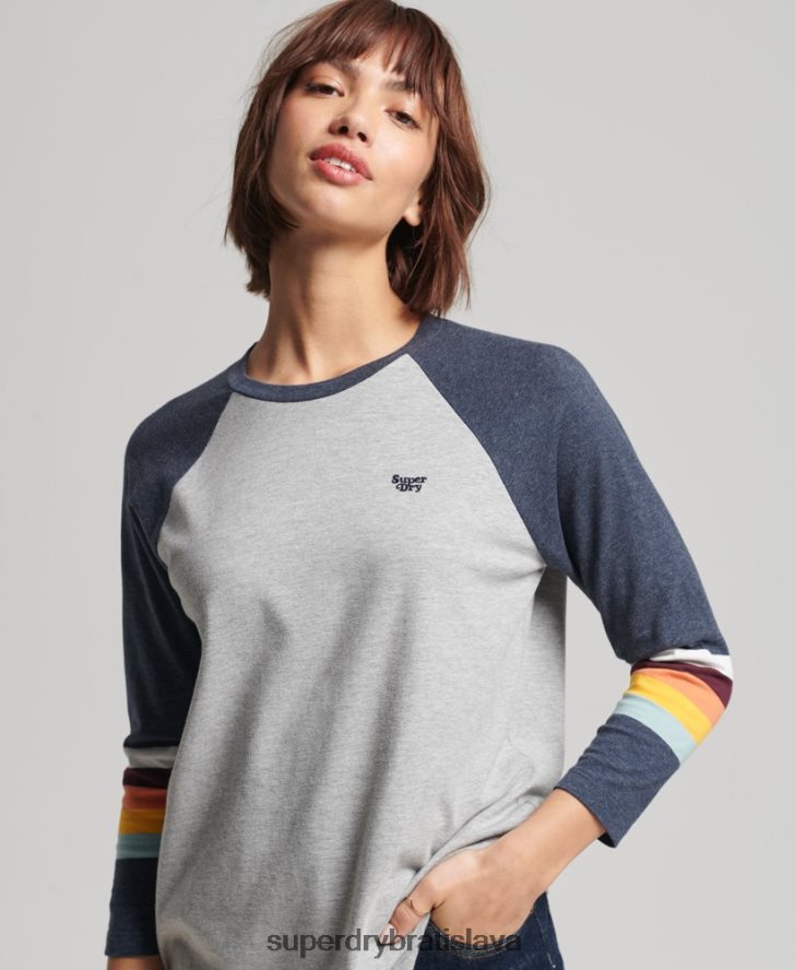 Superdry ženy Vintage cali pruhovaný raglánový top 6B4ZTR3072 oblečenie svetlo šedá