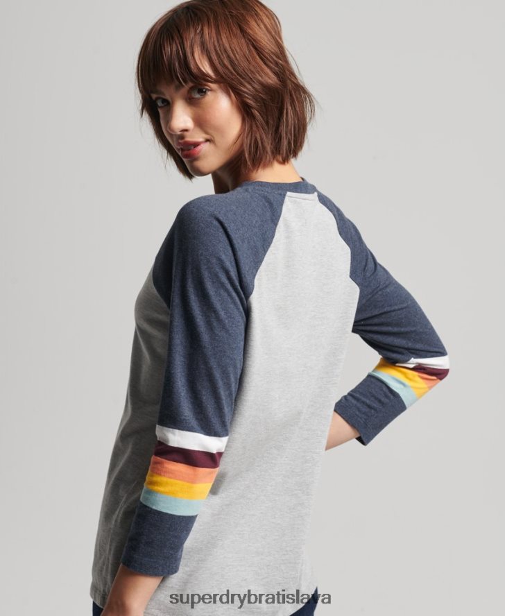 Superdry ženy Vintage cali pruhovaný raglánový top 6B4ZTR3072 oblečenie svetlo šedá