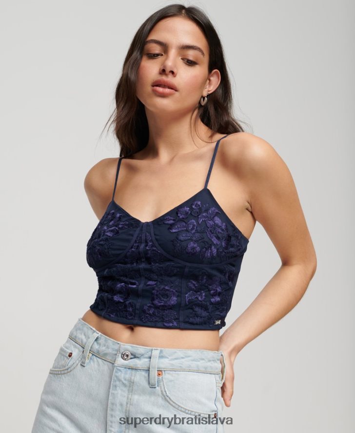 Superdry ženy kvetinový vyšívaný korzetový top 6B4ZTR2872 oblečenie námorníctvo