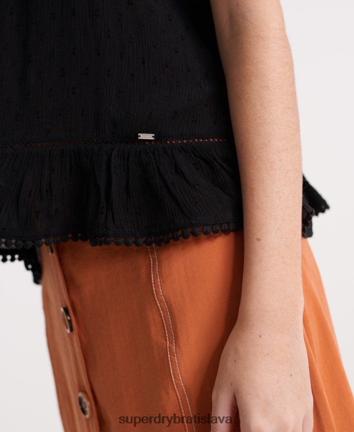 Superdry ženy letný čipkovaný cami top 6B4ZTR6776 oblečenie čierna