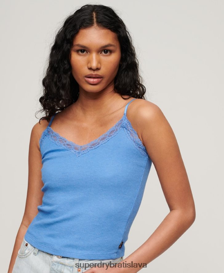 Superdry ženy organická bavlna esenciálny rebrový čipkovaný cami top 6B4ZTR2352 oblečenie Modrá