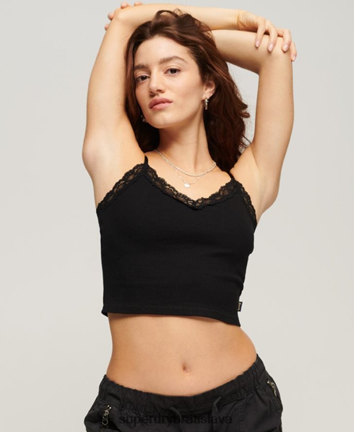 Superdry ženy rebrový čipkovaný trim cami top 6B4ZTR2098 oblečenie čierna