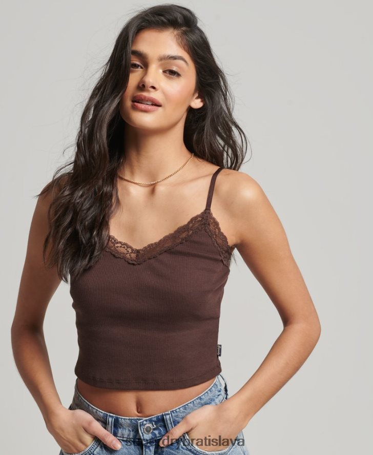 Superdry ženy rebrový čipkovaný trim cami top 6B4ZTR2326 oblečenie hnedá
