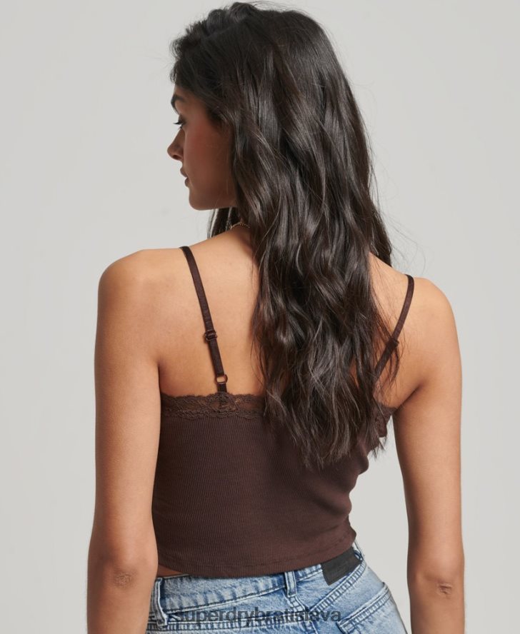 Superdry ženy rebrový čipkovaný trim cami top 6B4ZTR2326 oblečenie hnedá