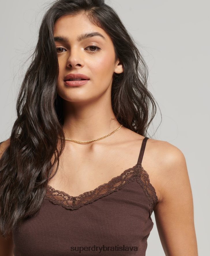 Superdry ženy rebrový čipkovaný trim cami top 6B4ZTR2326 oblečenie hnedá