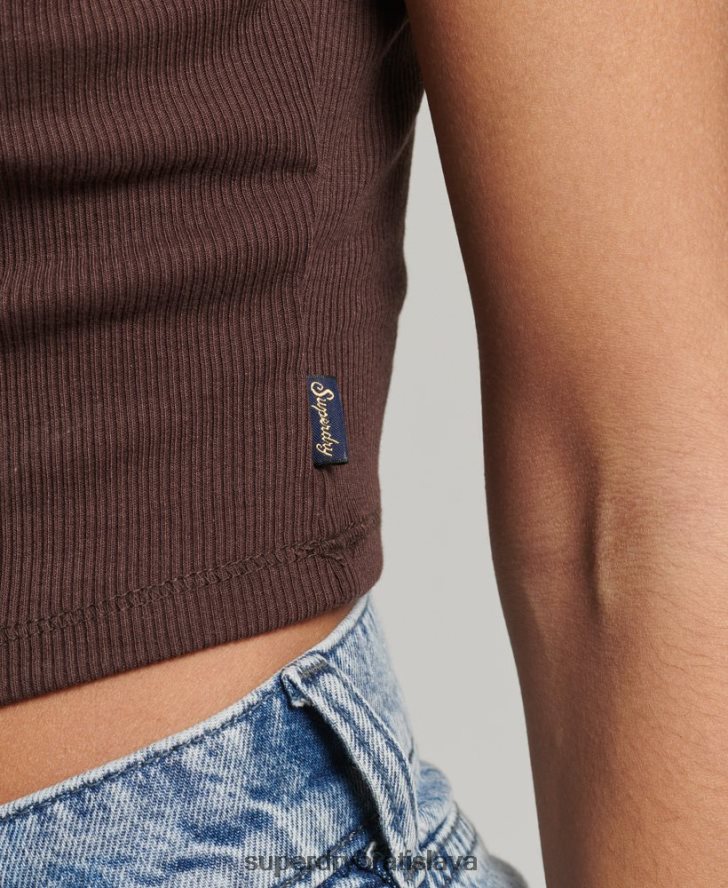 Superdry ženy rebrový čipkovaný trim cami top 6B4ZTR2326 oblečenie hnedá