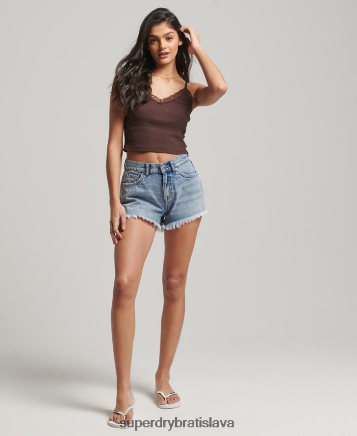 Superdry ženy rebrový čipkovaný trim cami top 6B4ZTR2326 oblečenie hnedá