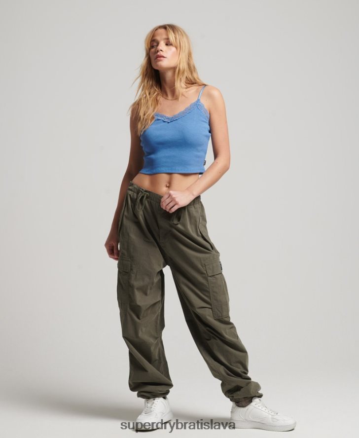 Superdry ženy rebrový čipkovaný trim cami top 6B4ZTR2327 oblečenie Modrá