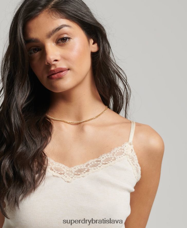 Superdry ženy rebrový čipkovaný trim cami top 6B4ZTR2340 oblečenie béžová