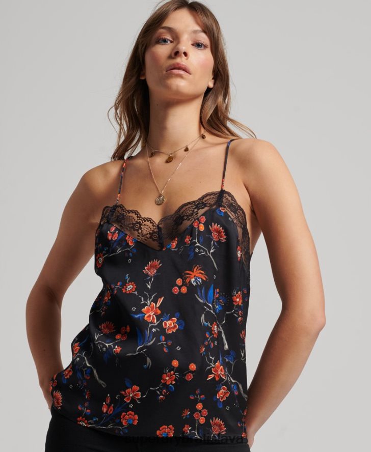 Superdry ženy saténový cami top 6B4ZTR3030 oblečenie čierna