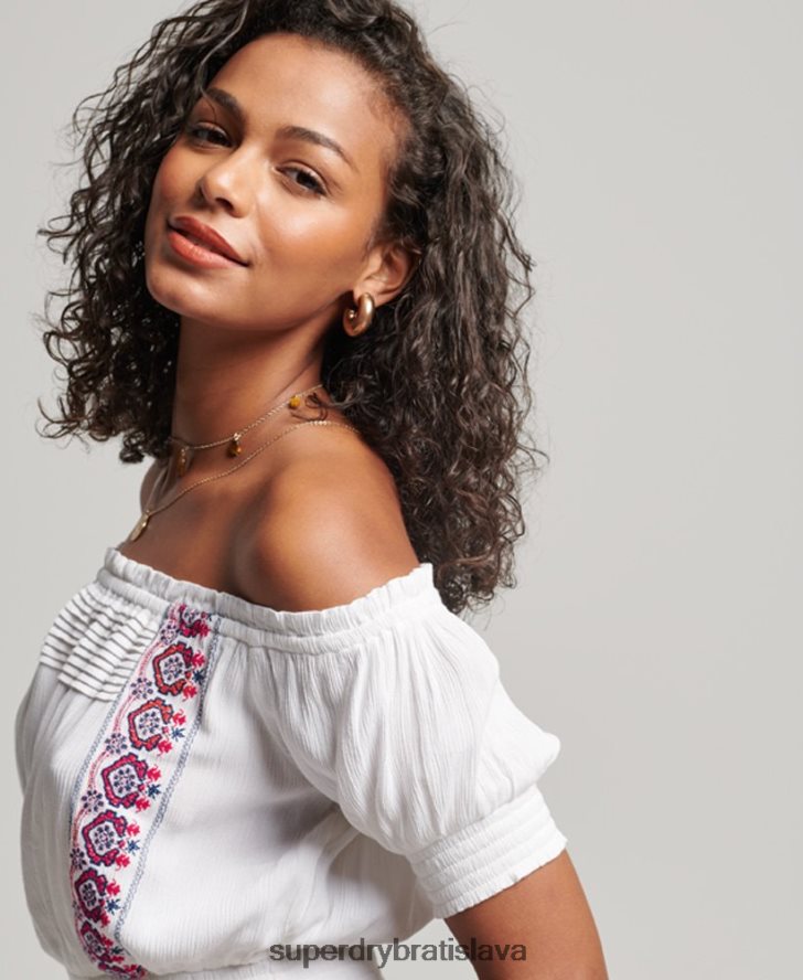 Superdry ženy smocked vyšívaný top 6B4ZTR2127 oblečenie biely