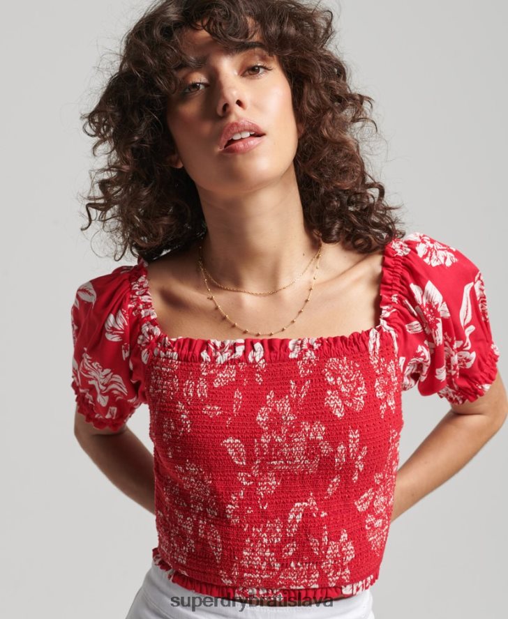 Superdry ženy vintage ecovero smocked crop top 6B4ZTR6706 oblečenie červená