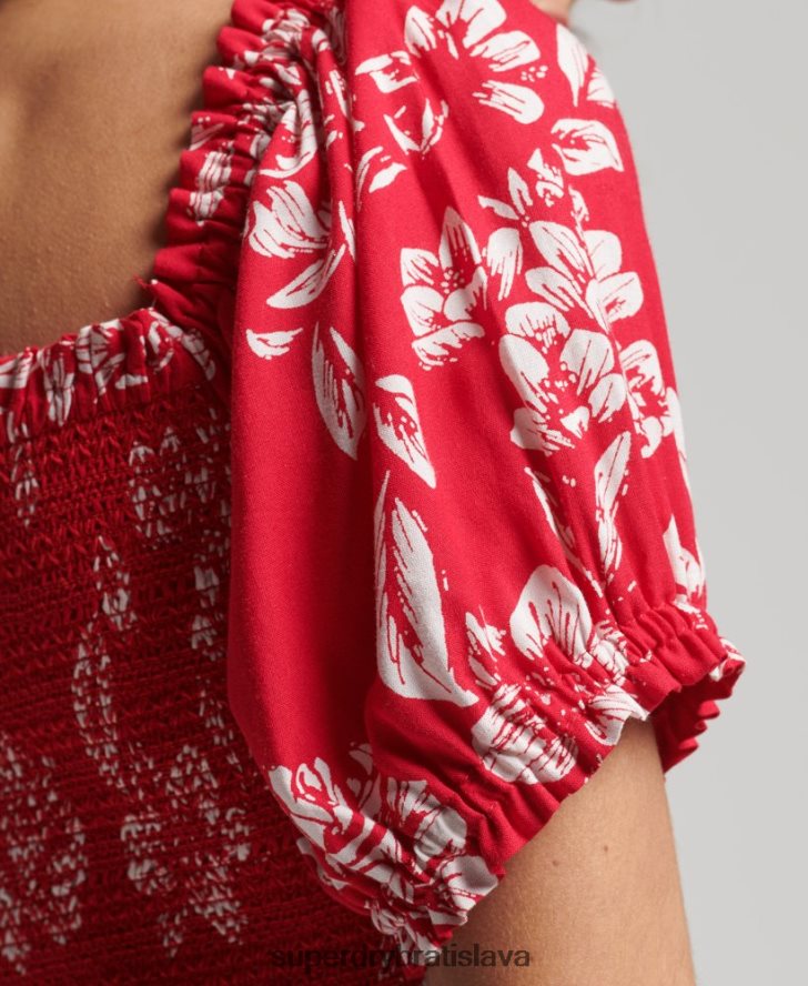 Superdry ženy vintage ecovero smocked crop top 6B4ZTR6706 oblečenie červená