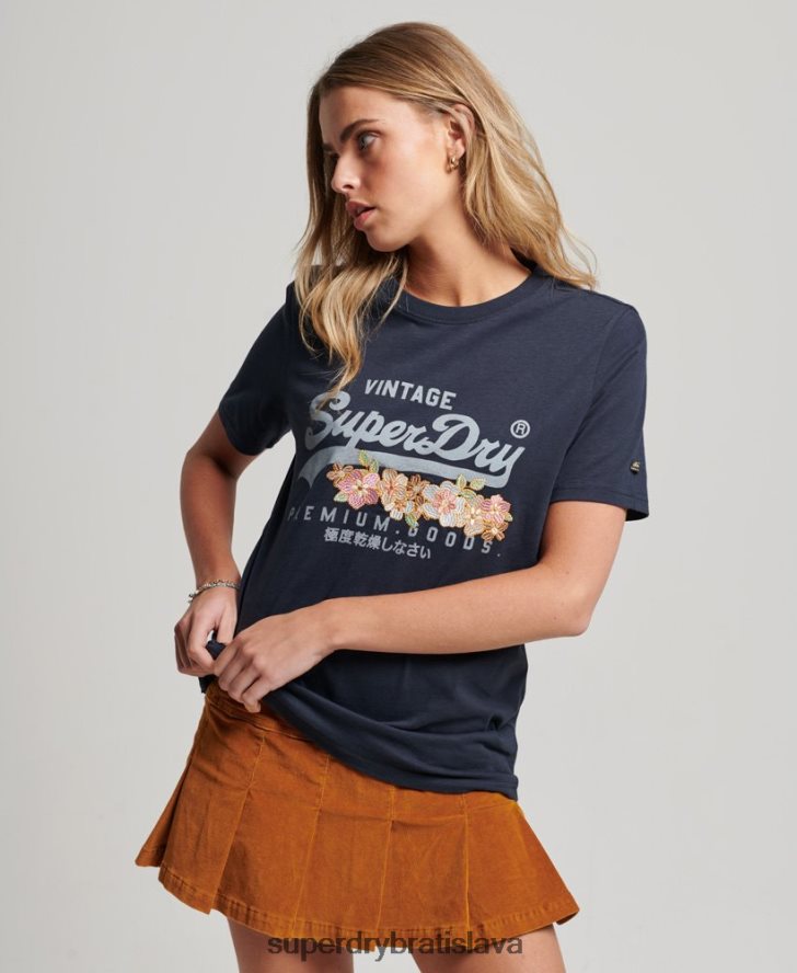 Superdry ženy Vintage logo prémiové kvetinové tričko 6B4ZTR2714 oblečenie námorníctvo