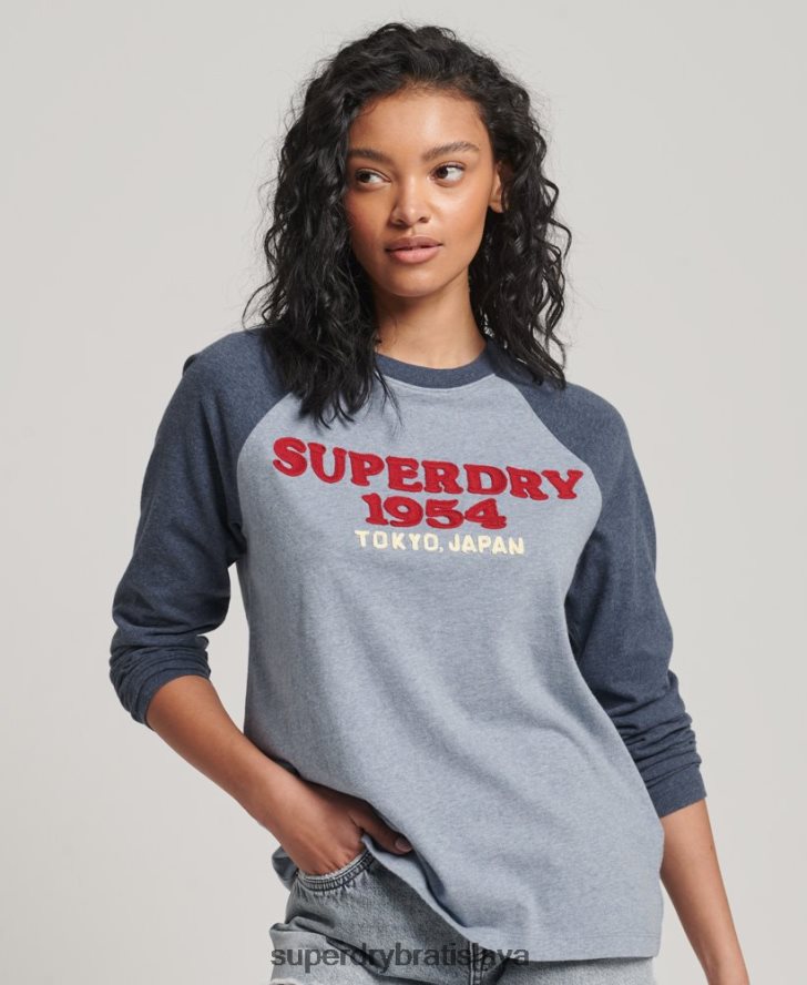 Superdry ženy Vintage raglánový top s dlhým rukávom 6B4ZTR2266 oblečenie Modrá