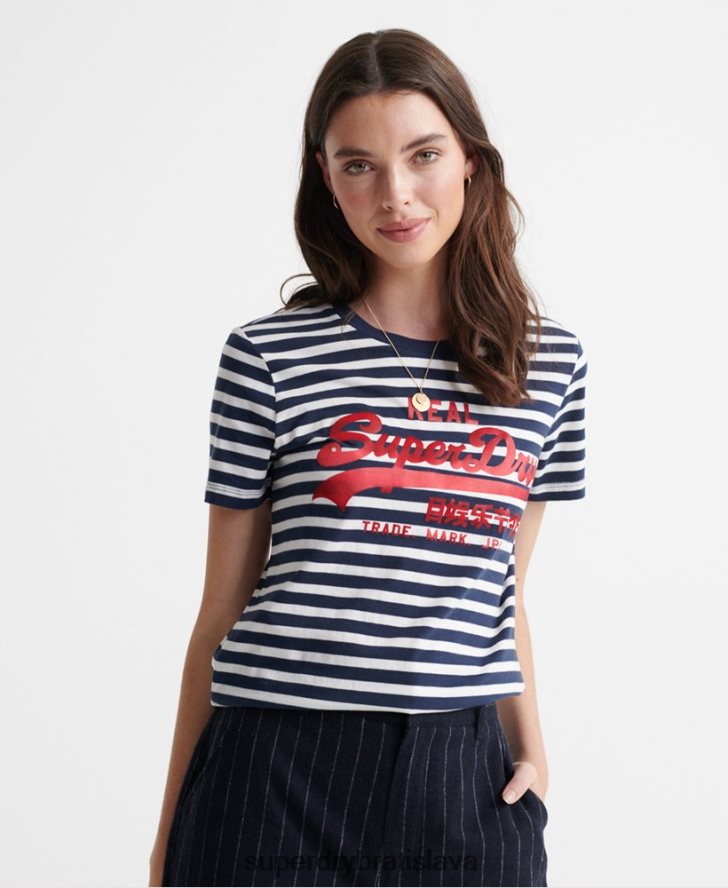 Superdry ženy Vintage tričko so saténovým prúžkom 6B4ZTR2864 oblečenie námorníctvo